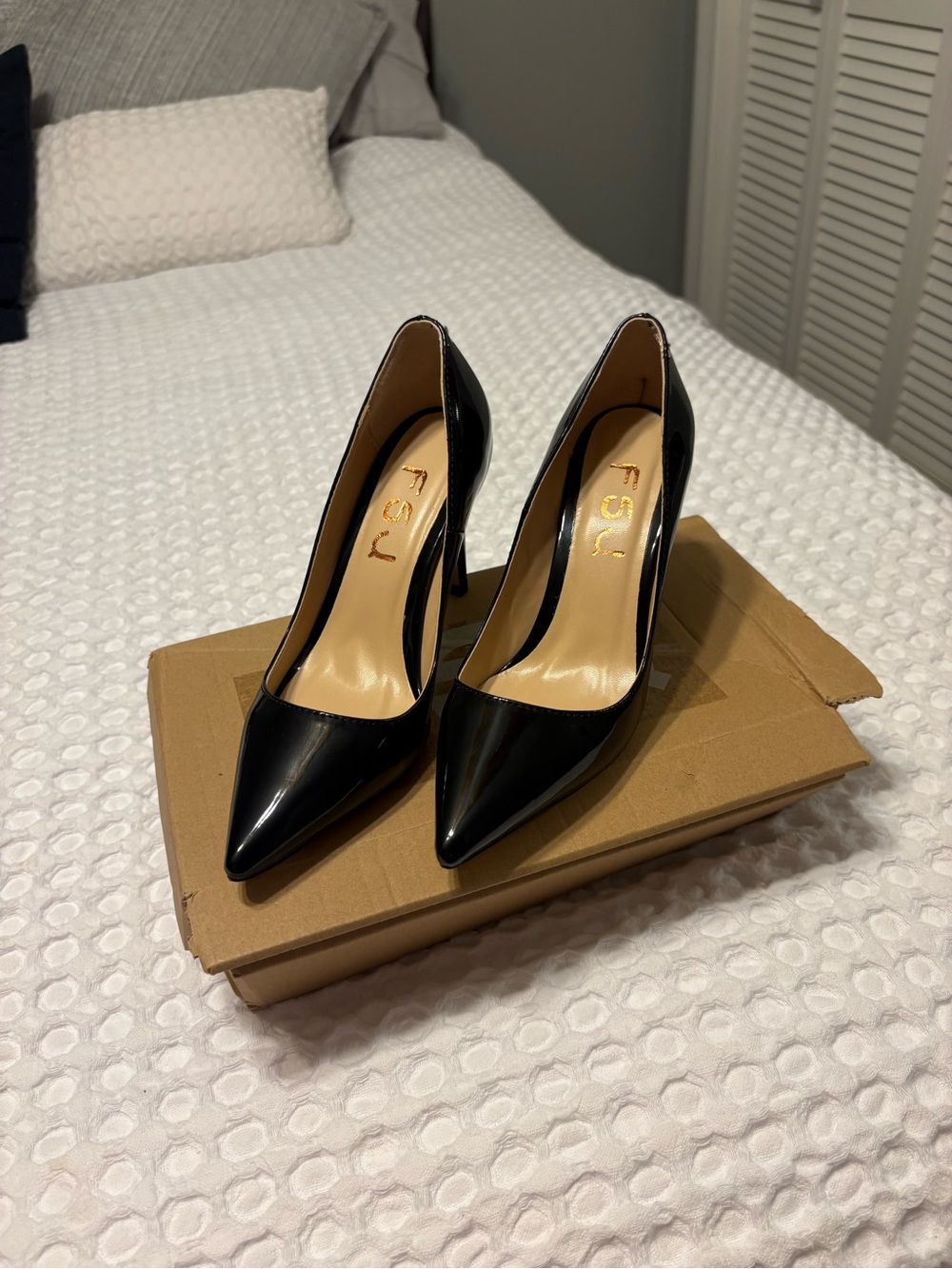 FSJ Black Patent Pointed Toe Stiletto Pumps